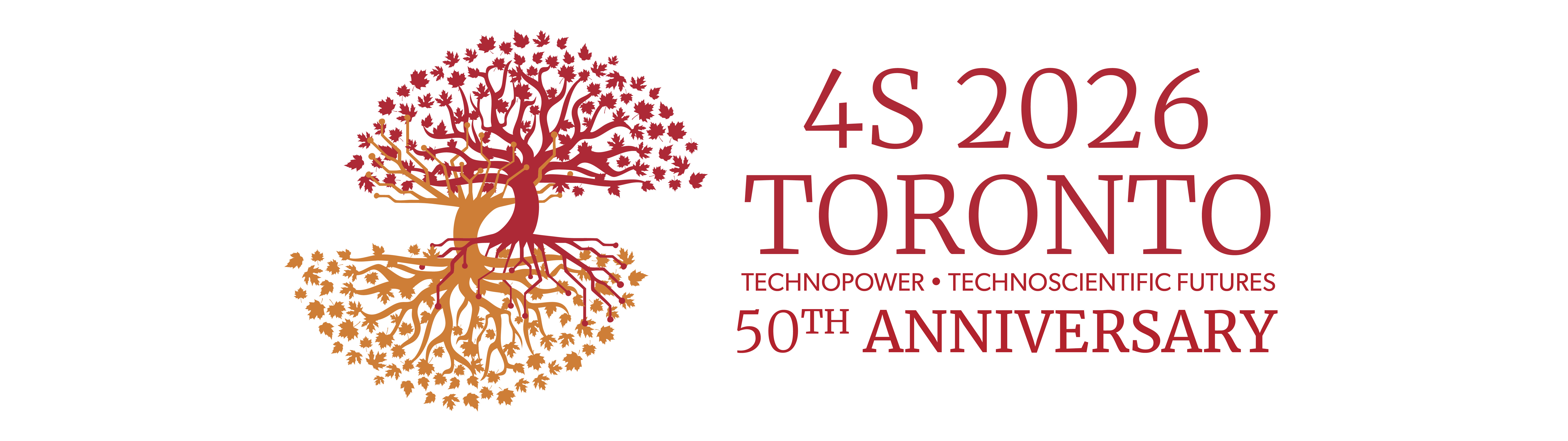 Conference banner shows an inverted tree entangled with another tree with electronic roots in deep crimson and burnt orange to depict technopower and technofutures