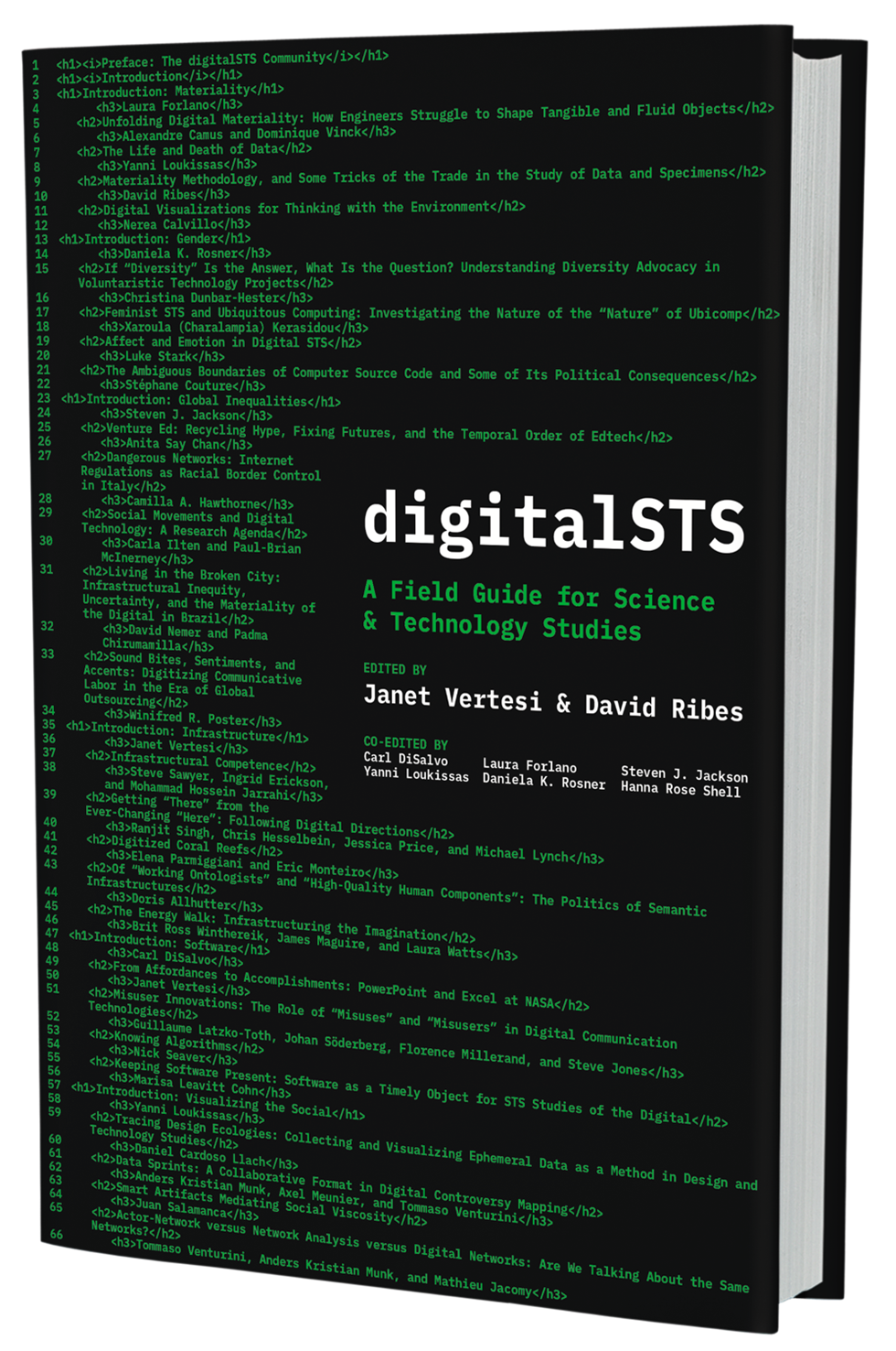 photograph of a book standing up on its bottom edge. The book cover is black with green programming code text running down and across the entire cover. The title and editors names are overlaid over the programming code in white and green text in a matching font.