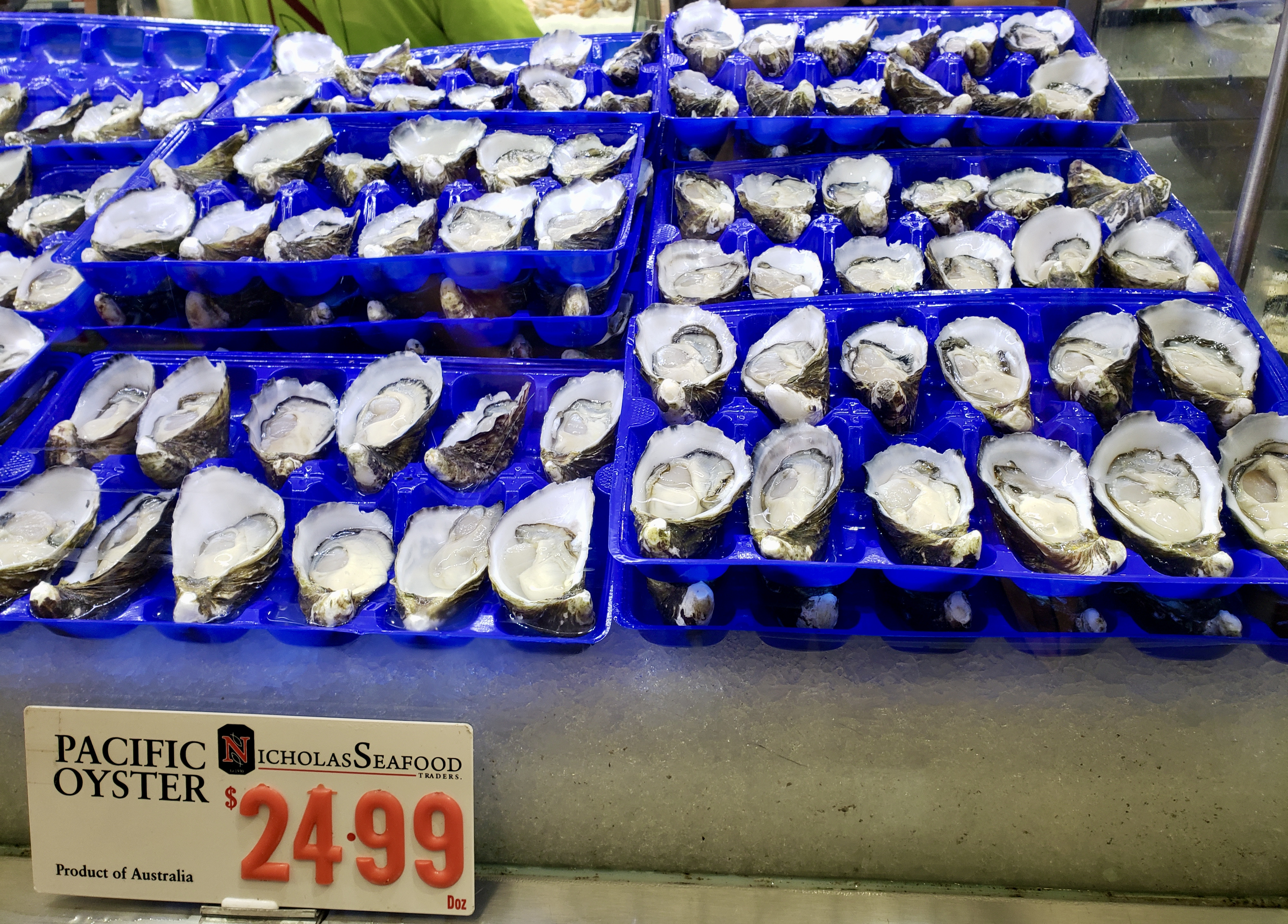 Figure 1. Triploid Pacific oysters on the half shell sold by a seafood retailer at Sydney Fish Market during summer months. Photo by author.