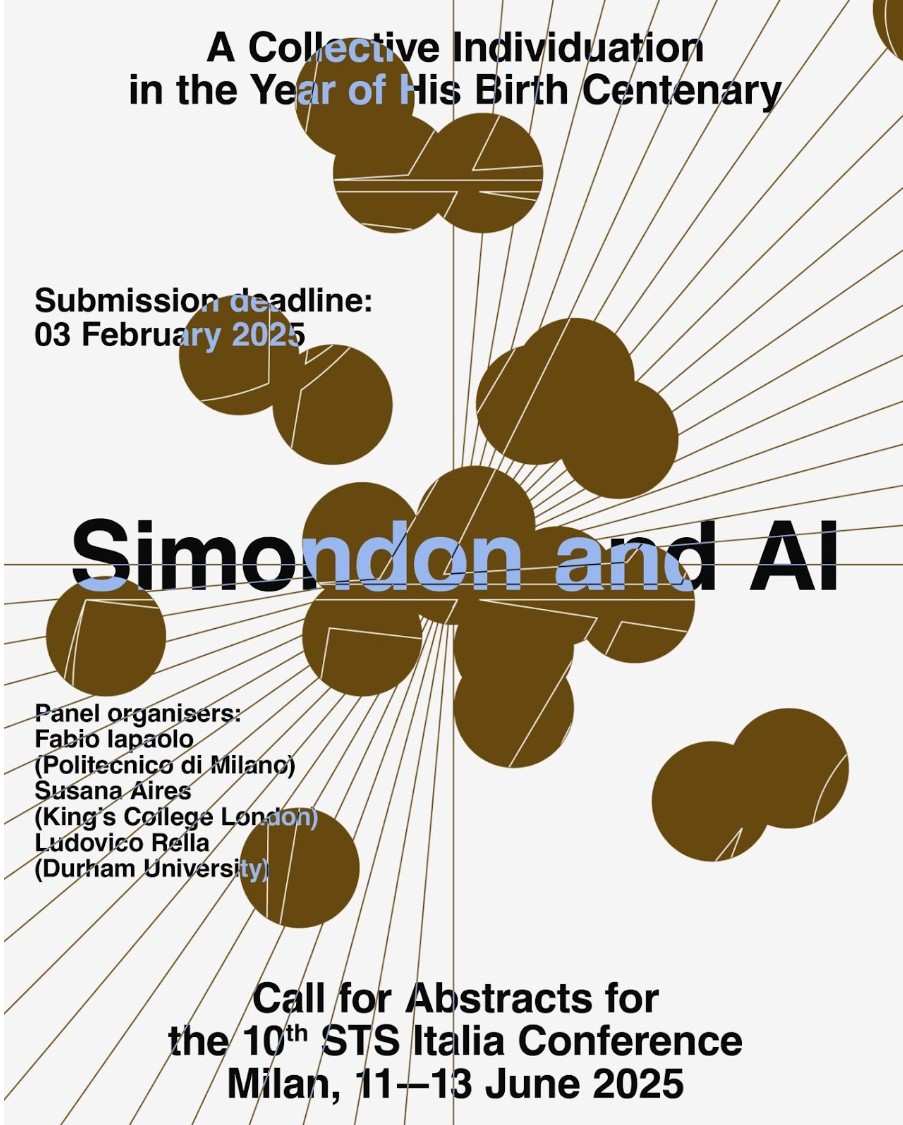 Call for Abstracts poster for the “Simondon and AI” panel at the 10th STS Italia Conference, Milan, June 2025.